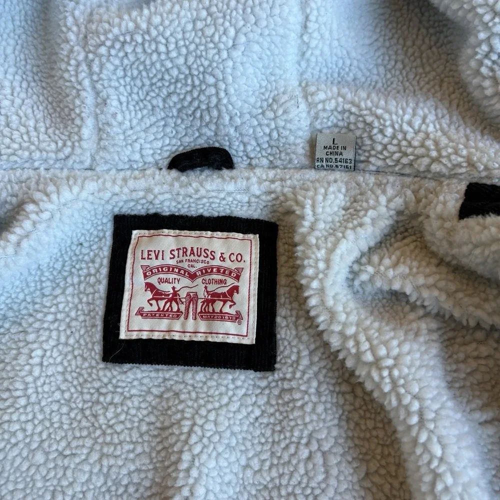 Levi Strauss Sherpa Lined Corduroy Jacket Mens L Hooded Black Trucker Workwear
